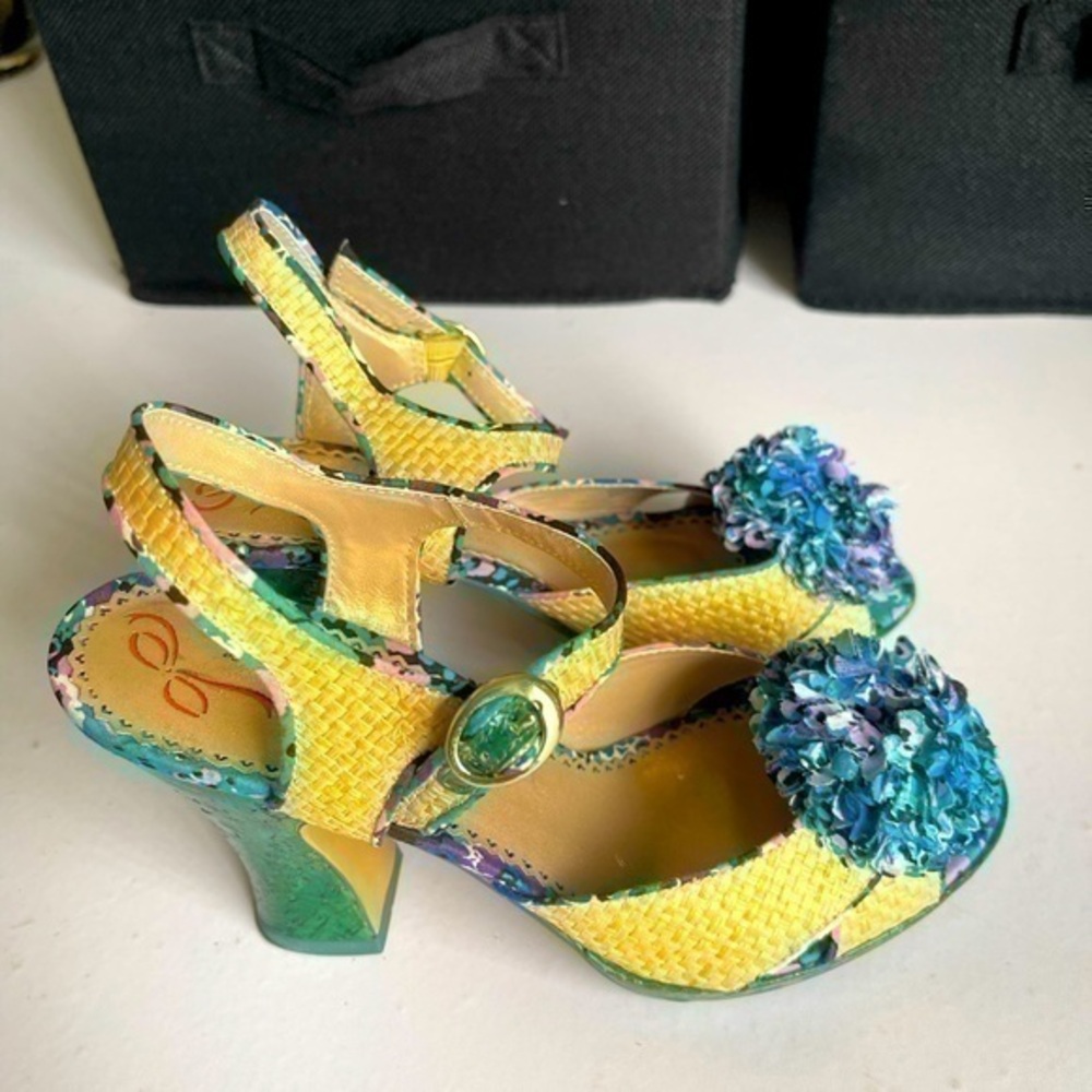 Anthropologie Poetic License of London Pom Pom heels dancing Cuban Havana